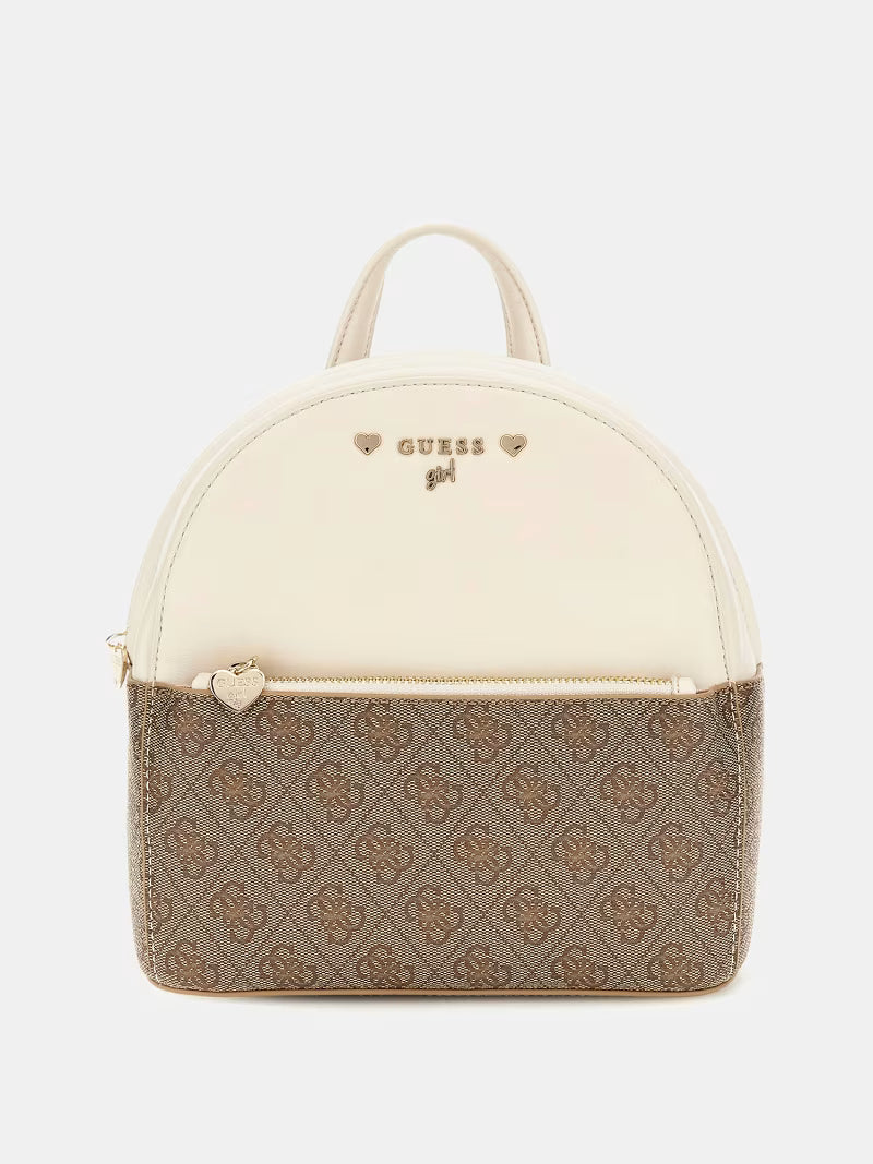 GUESS SAC À DOS EN CUIR BEIGE ET MARRON AVEC LOGO FERMETURE ZIPPÉE DOUBLE POCHE ET DÉTAILS DORÉS