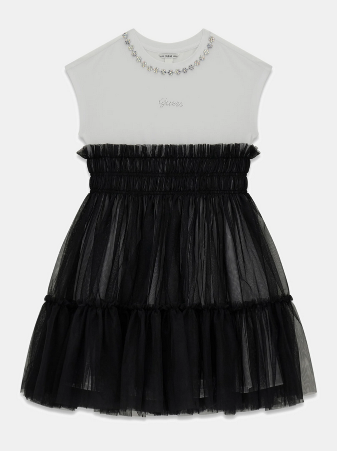 GUESS ABITINO CON MAGLIETTINA BIANCA GIRO COLLO GIOIELLO E GONNA IN TULLE NERA