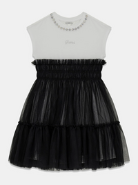 GUESS ABITINO CON MAGLIETTINA BIANCA GIRO COLLO GIOIELLO E GONNA IN TULLE NERA — immagine 1