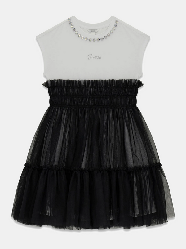 GUESS ABITINO CON MAGLIETTINA BIANCA GIRO COLLO GIOIELLO E GONNA IN TULLE NERA