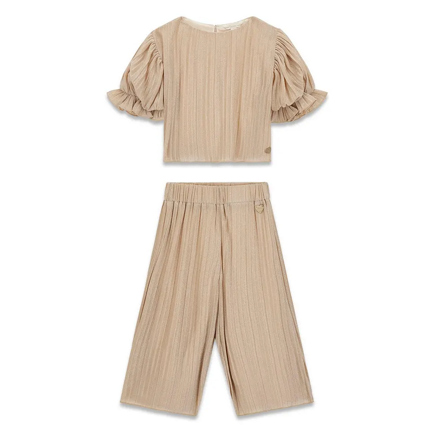 ENSEMBLE GUESS T-SHIRT MANCHES COURTES BEIGE PAILLETTES DORÉES MANCHES BOUFFANTES, PANTALON FLUIDE BEIGE PAILLETTES DORÉES PATTES D'ÉLÉPHANT