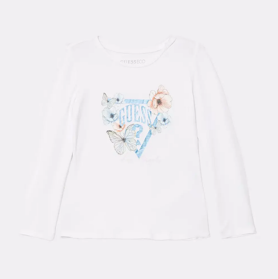 GUESS T-SHIRT MANCHES LONGUES BLANCHE AVEC LOGO BLEU ET FLEURS