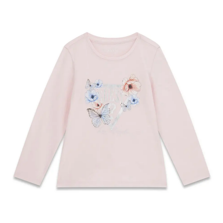GUESS T-SHIRT MANCHES LONGUES ROSE AVEC LOGO ARGENTÉ ET FLEURS