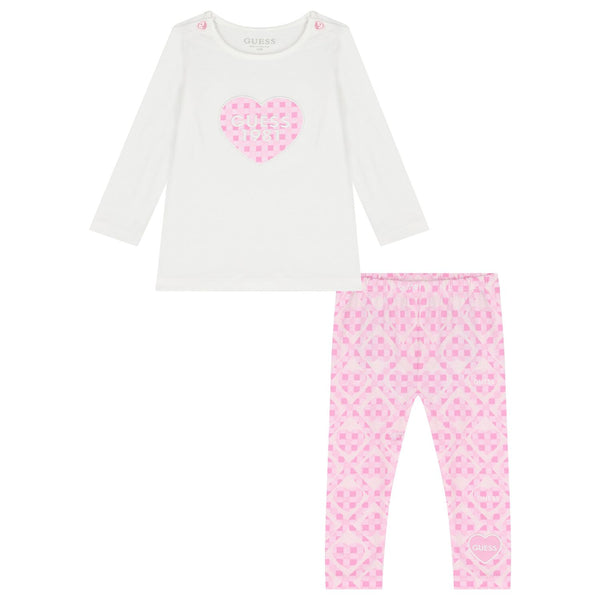 GUESS 2 PEZZI T-SHIRT MANICA LUNGA BIANCA CON CUORICINO ROSA, LEGGINS ROSA CON CUORI