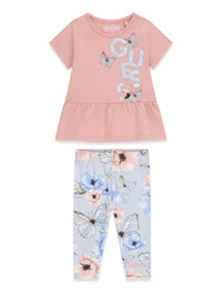 GUESS 2 PIÈCES ROBE ROSE IMPRIMÉ FLEURS, LEGGING BLEU CIEL À FLEURS — immagine 1