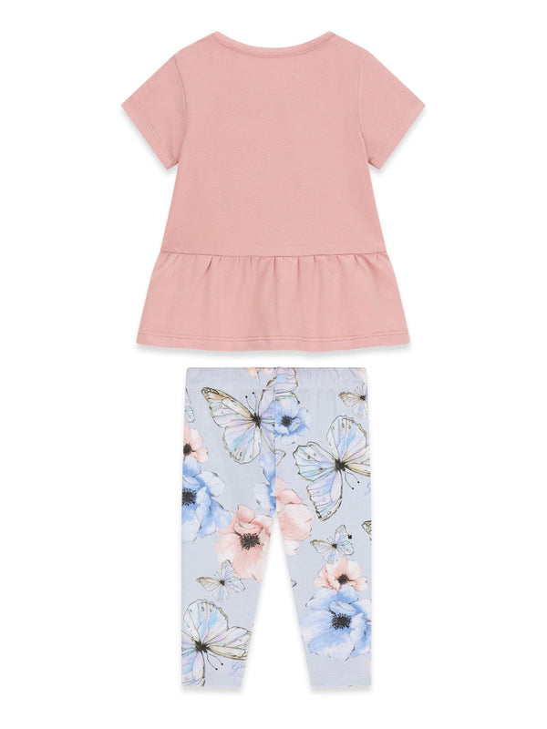 GUESS 2 PEZZI VESTITINO ROSA CON SCRITTA A FIORI, LEGGINS CELESTE A FIORI