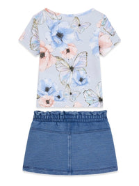 GUESS 2 PIÈCES T-SHIRT MANCHES COURTES BLEU CIEL FLEURI ET LOGO ROSE ET BLANC, JUPE EN JEAN DOUCE ET CULOTTE — immagine 2