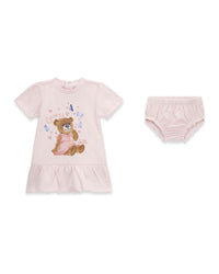 GUESS ENSEMBLE 2 PIÈCES ROBE MANCHES COURTES BROSSÉE ROSE AVEC OURSON ET PETITS CŒURS, CULOTTE ROSE — immagine 1