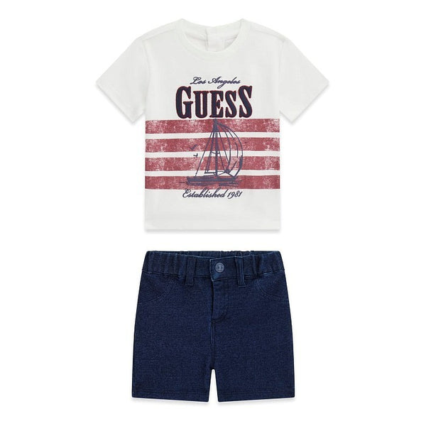 GUESS 2 PEZZI MAGLIETTINA MANICA CORTA BIANCA CON SCRITTA BLU E DETTAGLI BORDEAUX ABBOTTONATURA NELLA SCHIENA, JEANS SHORTS MORBIDO