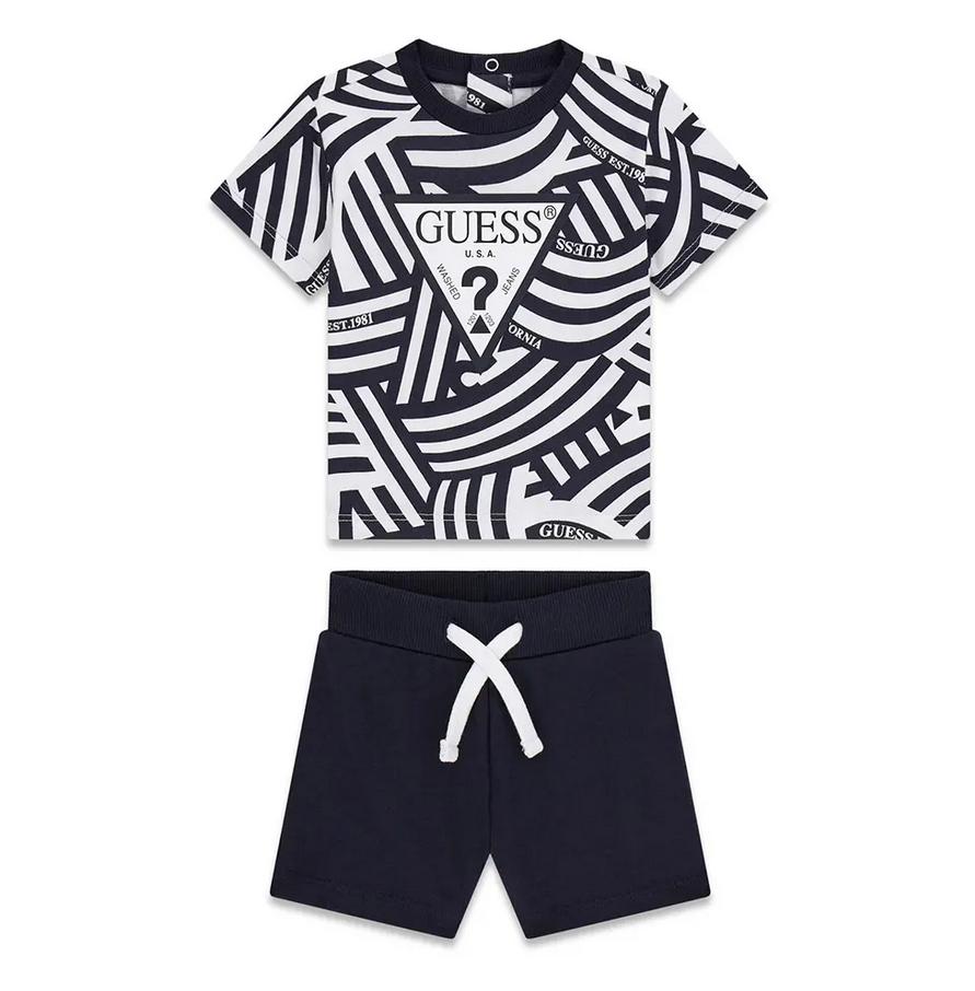 GUESS 2 PEZZI MAGLIETTINA MANICA CORTA CELESTE E BIANCA CON LOGO NERO E BIANCO ABBOTTONATURA SULLA SCHENA E SHORTS TUTA CELESTI