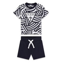 GUESS 2 PEZZI MAGLIETTINA MANICA CORTA CELESTE E BIANCA CON LOGO NERO E BIANCO ABBOTTONATURA SULLA SCHENA E SHORTS TUTA CELESTI — immagine 1