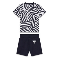 GUESS 2 PEZZI MAGLIETTINA MANICA CORTA CELESTE E BIANCA CON LOGO NERO E BIANCO ABBOTTONATURA SULLA SCHENA E SHORTS TUTA CELESTI — immagine 2