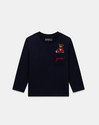 GUESS T-SHIRT MANICA LUNGA BLU TASCHINO CON SCRITTA RICAMATA ROSSA E ORSETTO — immagine 1