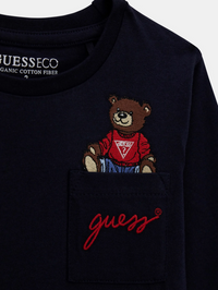 GUESS T-SHIRT MANICA LUNGA BLU TASCHINO CON SCRITTA RICAMATA ROSSA E ORSETTO — immagine 3