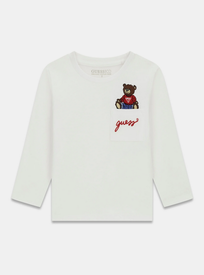 GUESS T-SHIRT MANICA LUNGA BIANCA TASCHINO CON SCRITTA RICAMATA ROSSA E ORSETTO