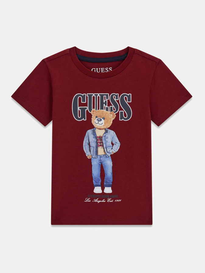 GUESS T-SHIRT MANICA CORTA BORDEAUX CON SCRITTA NERA E ORSETTO