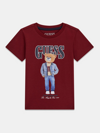 GUESS T-SHIRT MANICA CORTA BORDEAUX CON SCRITTA NERA E ORSETTO — immagine 1