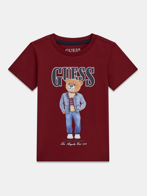 GUESS T-SHIRT MANICA CORTA BORDEAUX CON SCRITTA NERA E ORSETTO
