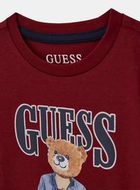 GUESS T-SHIRT MANICA CORTA BORDEAUX CON SCRITTA NERA E ORSETTO — immagine 3