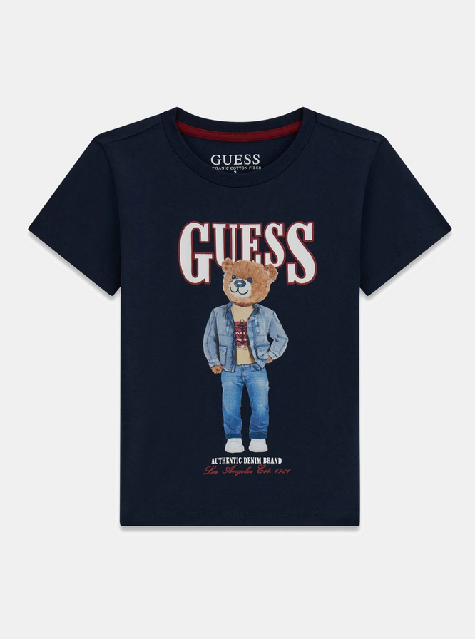 GUESS T-SHIRT MANICA CORTA BLU CON SCRITTA BIANCA E ORSETTO
