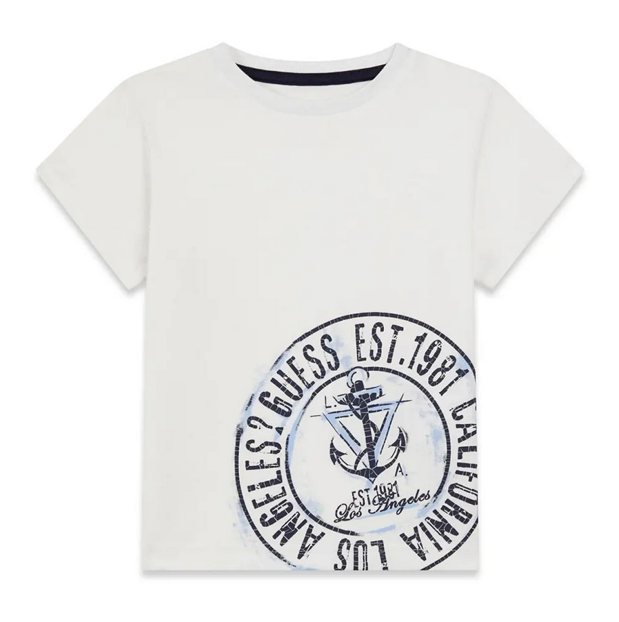 GUESS T-SHIRT MANCHES COURTES BLANCHE AVEC ÉCRITURES BLEUES ET AZUR