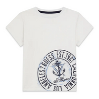 GUESS T-SHIRT MANCHES COURTES BLANCHE AVEC ÉCRITURES BLEUES ET AZUR — immagine 1