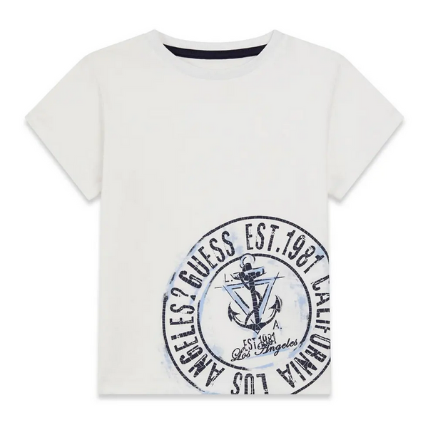 GUESS T-SHIRT MANICA CORTA BIANCA CON SCRITTE BLU E CELESTI