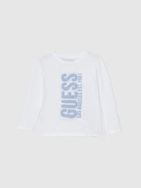 GUESS T-SHIRT MANICA LUNGA BIANCA CON SCRITTA CELESTE — immagine 1