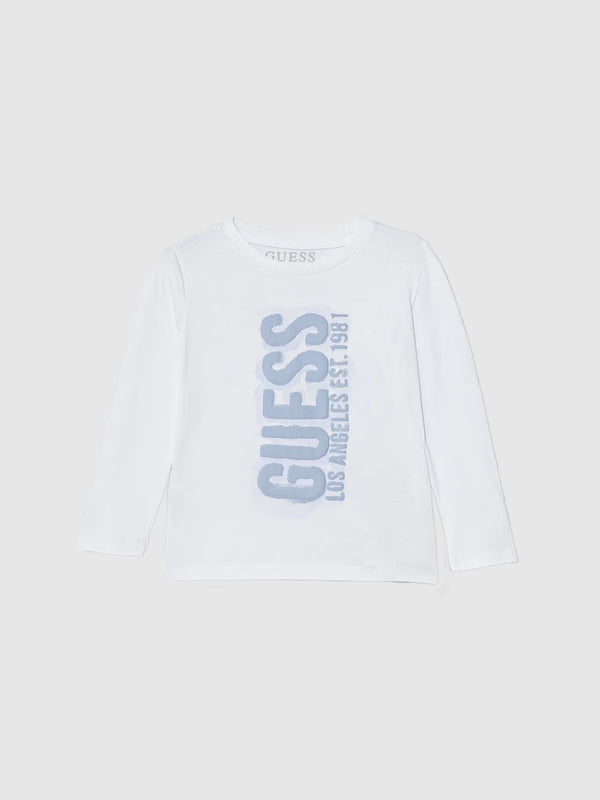 GUESS T-SHIRT MANICA LUNGA BIANCA CON SCRITTA CELESTE
