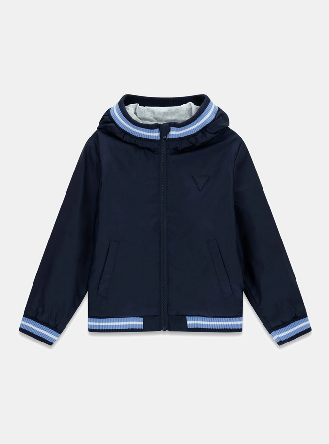 GUESS GIUBBOTTINO LEGGERO BLU CON CAPPUCCIO DETTAGLI BIANCHI E CELESTI,CHIUSURA CON ZIP