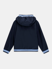 GUESS GIUBBOTTINO LEGGERO BLU CON CAPPUCCIO DETTAGLI BIANCHI E CELESTI,CHIUSURA CON ZIP — immagine 2
