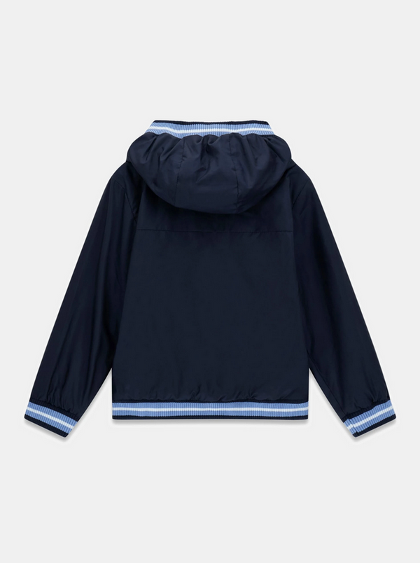 GUESS GIUBBOTTINO LEGGERO BLU CON CAPPUCCIO DETTAGLI BIANCHI E CELESTI,CHIUSURA CON ZIP