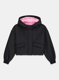 GUESS BOMBER NOIR FERMETURE ZIP ET BOUTONS, INTÉRIEUR ROSE AVEC CAPUCHE ET POCHES, INSCRIPTION ARGENTÉE AU DOS — immagine 1