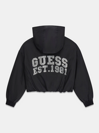 GUESS BOMBER NOIR FERMETURE ZIP ET BOUTONS, INTÉRIEUR ROSE AVEC CAPUCHE ET POCHES, INSCRIPTION ARGENTÉE AU DOS — immagine 2