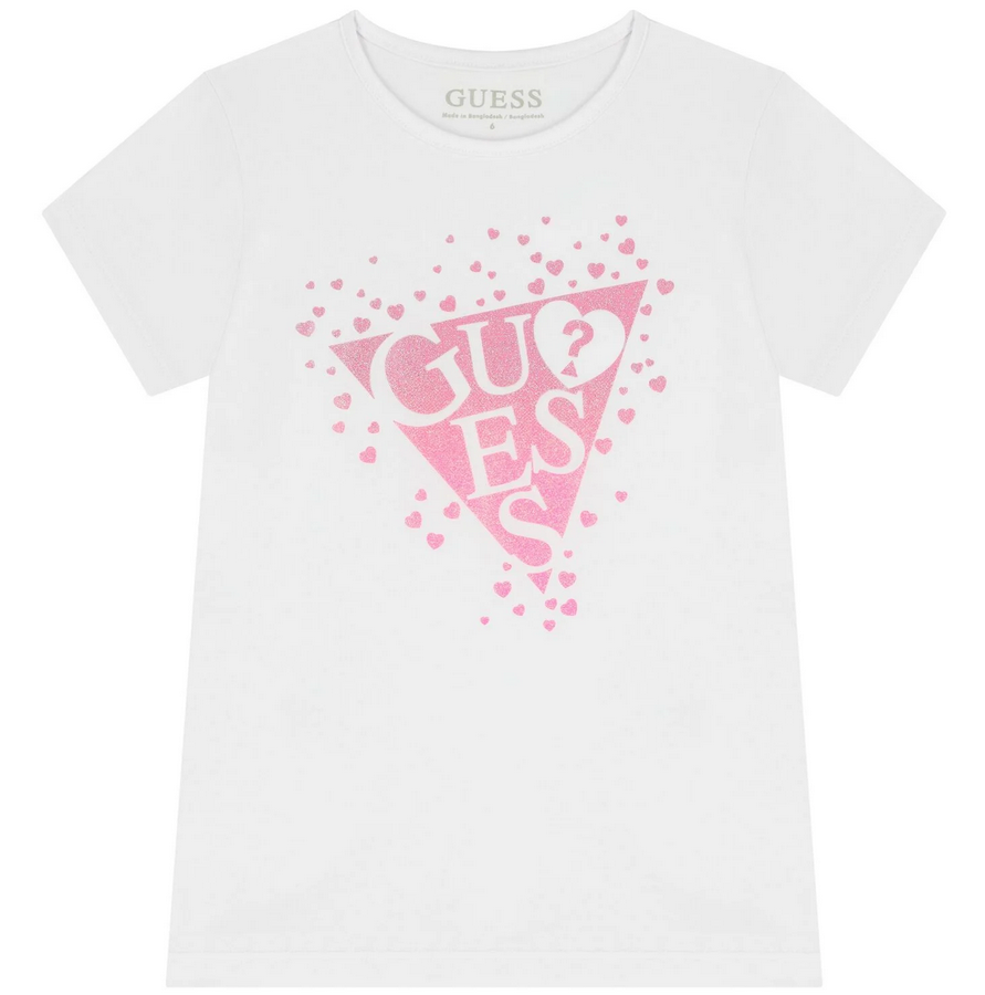 GUESS T-SHIRT MANICA CORTA BIANCA CON LOGO FUCSCIA E CUORICINI BRILLANTINATI