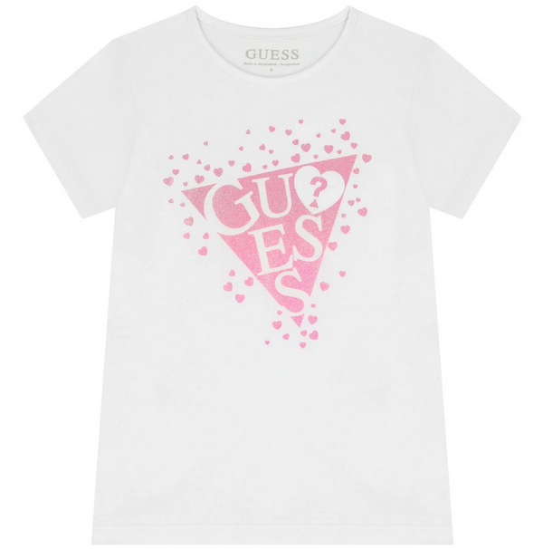 GUESS T-SHIRT MANICA CORTA BIANCA CON LOGO FUCSCIA E CUORICINI BRILLANTINATI