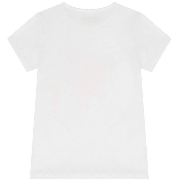 GUESS T-SHIRT MANICA CORTA BIANCA CON LOGO FUCSCIA E CUORICINI BRILLANTINATI