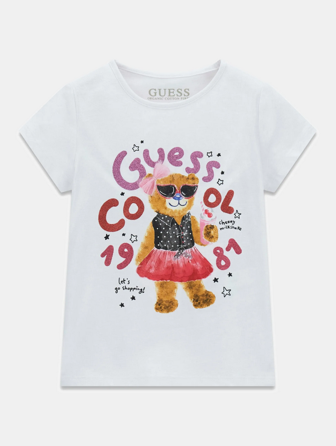 GUESS T-SHIRT MANICA CORTA BIANCA CON SCRITTE BRILLANTINATE E ORSETTO