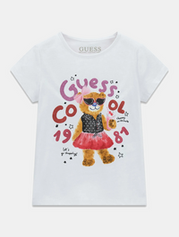 GUESS T-SHIRT MANICA CORTA BIANCA CON SCRITTE BRILLANTINATE E ORSETTO — immagine 1