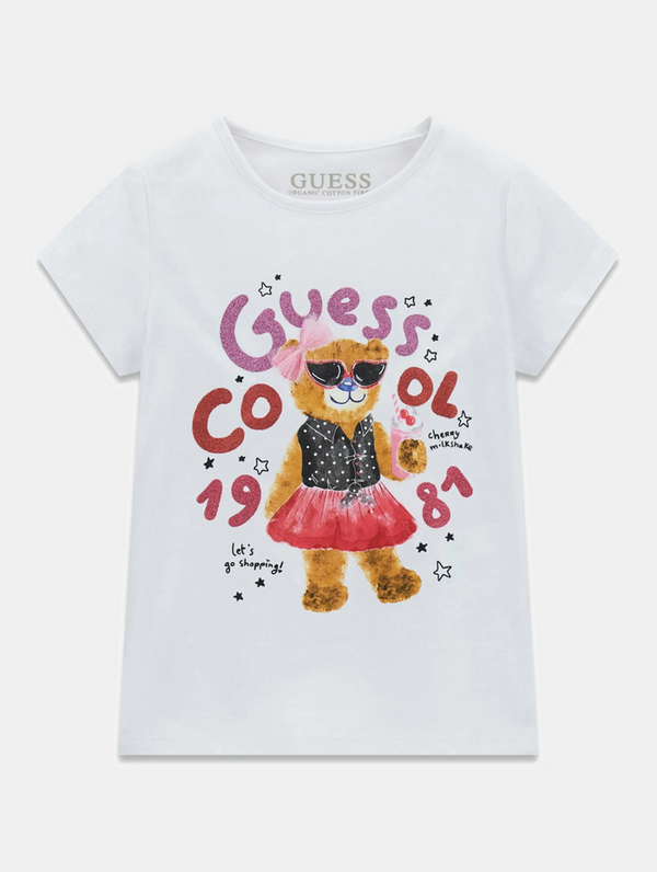 GUESS T-SHIRT MANICA CORTA BIANCA CON SCRITTE BRILLANTINATE E ORSETTO