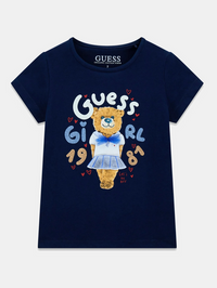GUESS T-SHIRT MANCHES COURTES BLEU NUIT INSCRIPTION PAILLETÉE ET OURS — immagine 1