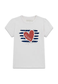 GUESS T-SHIRT MANICA CORTA BIANCA CON CUORICINO ROSSO BRILLANTINATO STRISCE BLU ELETTRICO E STELLINE BIANCHE — immagine 1