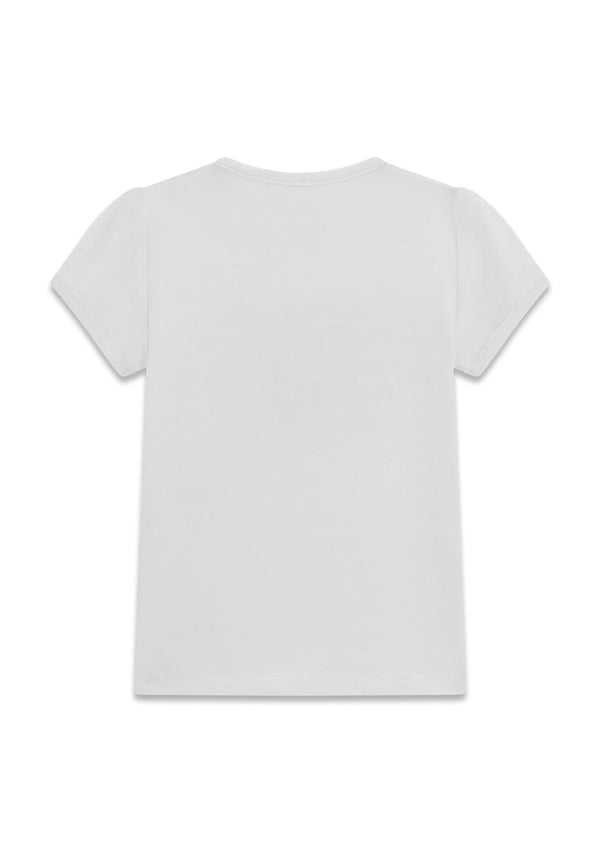 GUESS T-SHIRT MANICA CORTA BIANCA CON CUORICINO ROSSO BRILLANTINATO STRISCE BLU ELETTRICO E STELLINE BIANCHE