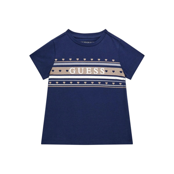 GUESS T-SHIRT MANICA CORTA BLU NOTTE CON CUORE ARGENTO BRILLANTINATO  STRISCE AZZURRE E STELLINE BIANCHE