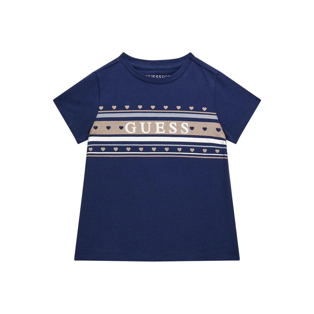 GUESS T-SHIRT MANICA CORTA BLU NOTTE CON CUORE ARGENTO BRILLANTINATO  STRISCE AZZURRE E STELLINE BIANCHE