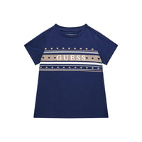 GUESS T-SHIRT MANICA CORTA BLU NOTTE CON CUORE ARGENTO BRILLANTINATO  STRISCE AZZURRE E STELLINE BIANCHE — immagine 1
