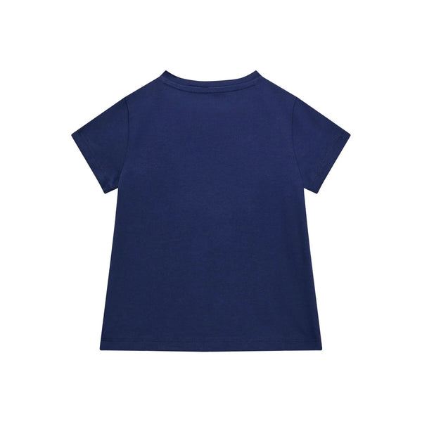 GUESS T-SHIRT MANICA CORTA BLU NOTTE CON CUORE ARGENTO BRILLANTINATO  STRISCE AZZURRE E STELLINE BIANCHE