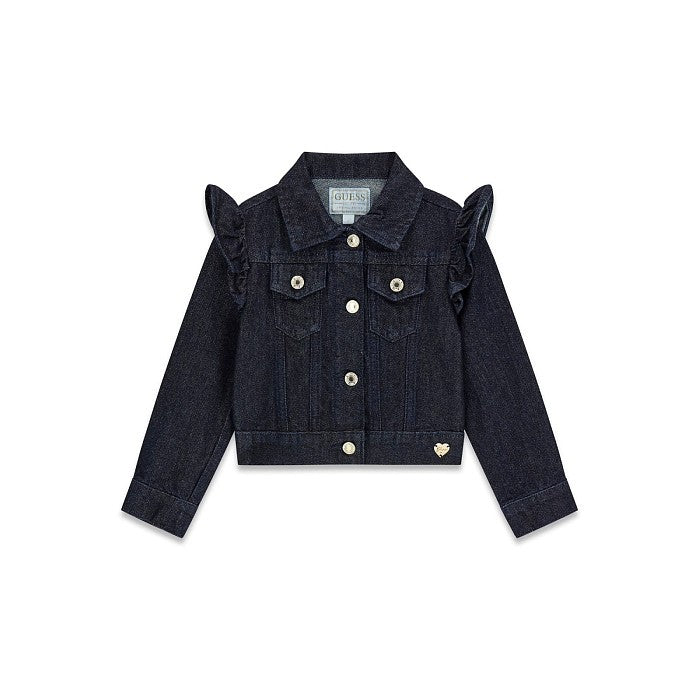 GUESS BLOUSON EN JEAN DÉLAVAGE FONCÉ EFFET PAILLETTES, FERMETURE PAR BOUTONS DORÉS, ÉPAULES À VOLANTS