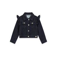 GUESS BLOUSON EN JEAN DÉLAVAGE FONCÉ EFFET PAILLETTES, FERMETURE PAR BOUTONS DORÉS, ÉPAULES À VOLANTS — immagine 1