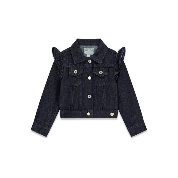 GUESS GIUBBOTTINO DI JEANS LAVAGGIO SCURO EFFETTO BRILLANTINATO, CHIUSURA CON BOTTONI ORO, SPALLE CON VOLANT